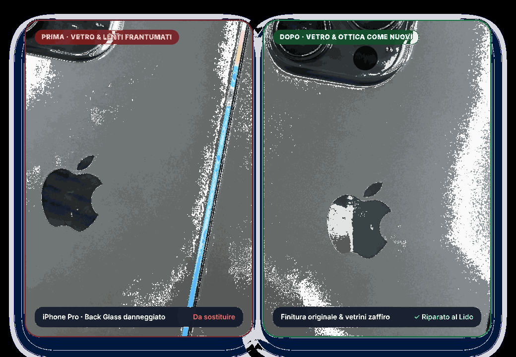 Due iPhone riparati, uno visto da dietro con le fotocamere e uno di fronte con lo schermo acceso